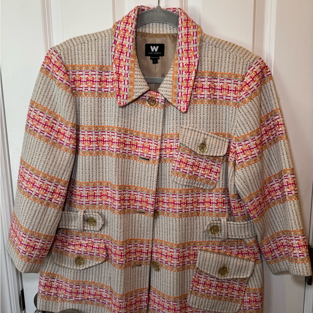 W by Worth Cream Tweed Pea Coat with Pink and Orange Plaid